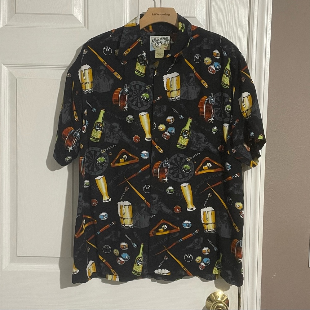 Big Dogs Shirt Mens Small Billiards Beer Button Up Short Sleeve Black Rayon